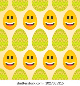 Seamless pattern of smileys and zigzag green easter eggs