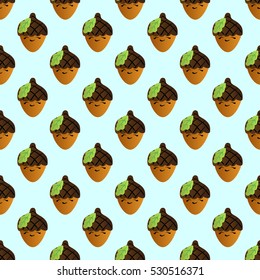 seamless pattern with smiling acorn on a turquoise background