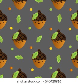 seamless pattern with smiling acorn on a dark gray background