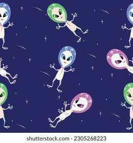 Seamless pattern smiling aliens fly in space in different colors in a cartoon children's multicolored fun style. wallpaper, social media. vector illustration on the space background .