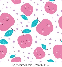 seamless pattern with smiling apples, cartoon vector illustration with fruit character, flat design for kids