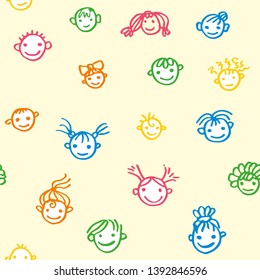 Seamless pattern of smiling baby faces on a light yellow background. Happy Childrens. Doodle illustration drawn by colored felt-tip pens. Children Art style sketch. Vector funny baby faces.

