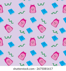 Seamless Pattern with Smiling Backpacks and Books in Vibrant Colors