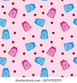 Patrón sin fisuras de mochilas sonrientes con puntos coloridos