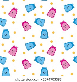 Patrón sin fisuras de mochilas sonrientes con puntos coloridos