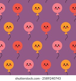 Seamless Pattern of Smiling Balloons on Purple Background. Cheerful and colorful seamless pattern featuring smiling balloons in pink, red, and yellow colors over a purple background, conveying 