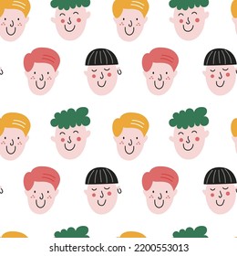Seamless pattern with smiling boy faces. Modern design for fabric and paper, surface textures.
