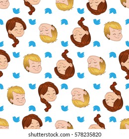Seamless pattern with smiling boy and girl. Children cute chirping on various topics. Vector illustrations