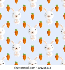 seamless pattern with smiling brown bannies  and orange carrots on a blue background 