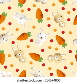 seamless pattern with smiling brown bannies  and orange carrots on a light beige background 