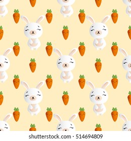 seamless pattern with smiling brown bannies  and orange carrots on a light beige background 