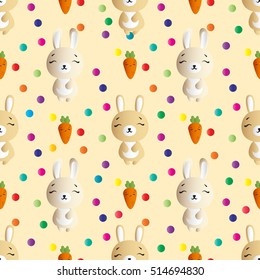 seamless pattern with smiling brown bannies  and orange carrots on a light beige background 