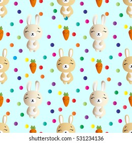 seamless pattern with smiling brown bannies  and orange carrots on a turquoise background 
