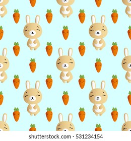 seamless pattern with smiling brown bannies  and orange carrots on a turquoise background 