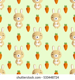 seamless pattern with smiling brown bunnies  and orange carrots on a green background 