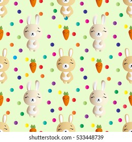 seamless pattern with smiling brown bunnies  and orange carrots on a green background 
