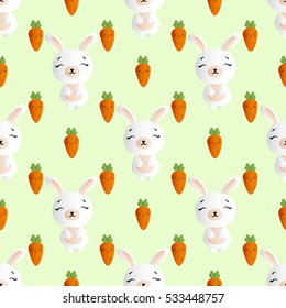 seamless pattern with smiling brown bunnies  and orange carrots on a green background 