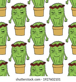 Seamless pattern with smiling cacti with red flowers wreaths on white background. Vector image. 