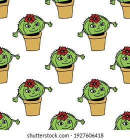 Seamless pattern with smiling cacti with red flower on white background. Vector image. 
