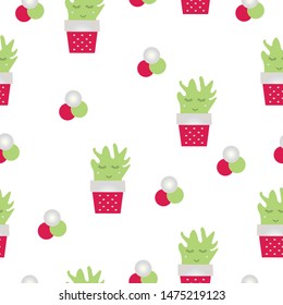 seamless pattern with smiling cactus flowers vector - red and green colors