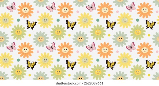 Seamless pattern with smiling cartoon flowers, butterflies and colorful dots on light background. Bright flat illustration with cute floral elements, cheerful mood, spring or summer style