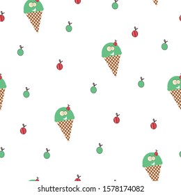 seamless pattern with smiling cartoon ice cream vector and cherries