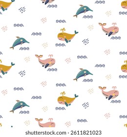 Seamless pattern with smiling cartoon whales, dolphins, and waves. Soft pastel colors. Perfect for kids fabric, wrapping paper, and nursery decor