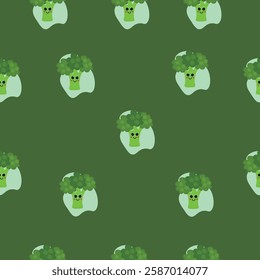 Seamless pattern with smiling cartoon-style broccoli on a dark green background. Great for health, kids, or eco-friendly product designs