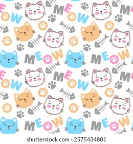 Seamless pattern. Smiling cat faces, the text meow and paw prints in a chaotic order on a white background