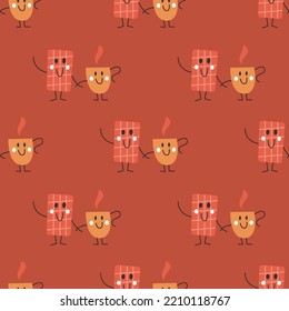 Seamless pattern with smiling chocolate bars and cups on brown background. Design for fabric and paper, surface textures.