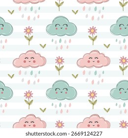 Patrón sin fisuras con nubes sonrientes y flores en estilo de crayón para niños. Lindo diseño de garabatos infantil juguetón.
