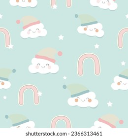 seamless pattern of smiling clouds  wear  beanie hats , pink rainbows and white stars  on pastel blue background  , vector , illustration