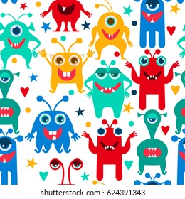 Seamless pattern of smiling colorful monsters. Vector illustration.