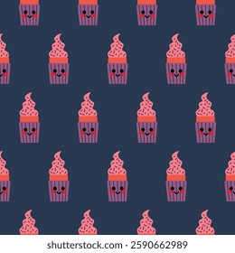 Seamless Pattern of Smiling Cupcake With Blue Background. Playful and delightful seamless pattern featuring cute cupcake characters with expressive faces. The warm pastel hues and whimsical design 