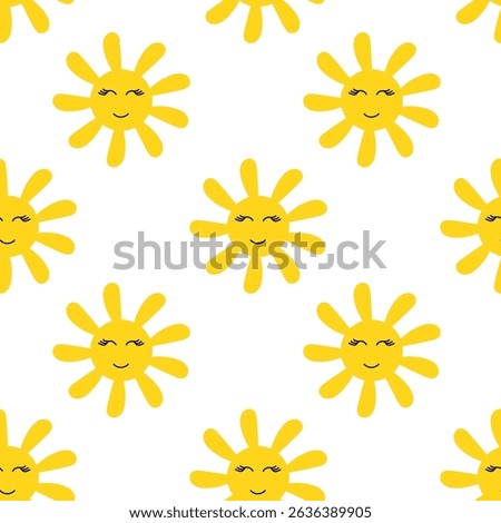 Seamless Pattern. Smiling Cute Face Sun. Vector flat illustration.