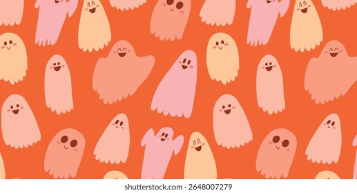 Seamless Pattern with Smiling Cute Ghosts in Soft Pastel Colors. Happy Emotions, Blushing Faces. Hand Drawn Halloween Design on Orange Background. Flat Graphic Vector Illustration