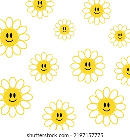 Seamless Pattern With Smiling Daisy Flower On Orange Background Vector Illustration. Cute Hand Drawn Positive Wallpaper