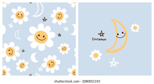 Seamless pattern with smiling daisy flowers, moons, and hand drawn stars on blue background. Happy Moon with hand written font. Positive baby wall art decoration.