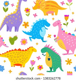 Seamless pattern of smiling dinosaurs and flowers. Cute animals. Vector background for fabric and textile. Isolated hand drawn illustration. Funny character for kids. Pencil texture.