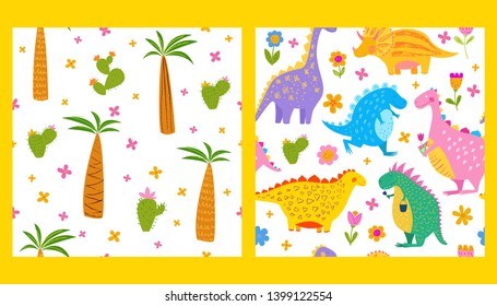 Seamless pattern of smiling dinosaurs, palm trees and flowers. Cute animals. Vector background for fabric and textile. Isolated hand drawn illustration. Funny character for kids. Pencil texture.