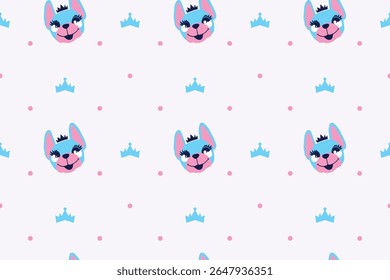 Seamless pattern with smiling dog princess faces, crowns, and pink dots. Cute and simple design for baby girl clothes, pet-themed prints, nursery decor, and playful fabric.