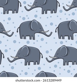 A seamless pattern of smiling elephants on a soft blue background with polka dots. Ideal for baby shower invitations, scrapbooking, textile prints, kids' fabric, wallpaper, gift wrap, and many more.