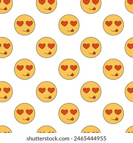 Seamless pattern with a smiling face. Eyes in form hearts. Vector flat illustration.