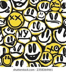 Seamless pattern with a smiling face. Graffiti happy emoji sprayed