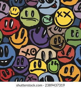 Seamless pattern with a smiling face. Graffiti happy emoji sprayed