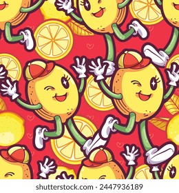 Seamless pattern of smiling face lemon with red background, It's a that looks groovy and funky. Pattern for fabric and wrapping paper, design wallpaper and fashion prints.