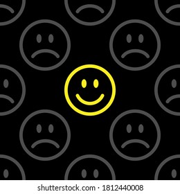 Seamless pattern with a smiling face next to sad faces. Emoji background. Smile line icon texture. Vector illustration