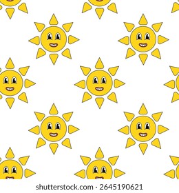 Seamless pattern with Smiling Face Sun. Groovy style. Vector flat illustration.