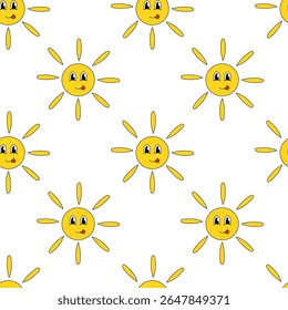 Seamless pattern. Smiling Face Sun with tongue. Groovy style background. Vector flat illustration.