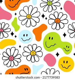 Seamless pattern with smiling faces and flowers. Colorful background. Trendy texture for print, textile, fabric, packaging, wallpaper